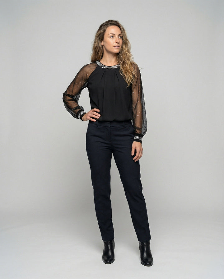 Elegante Mesh Dames Top - Transparante Mouwen en Glanzende Accenten