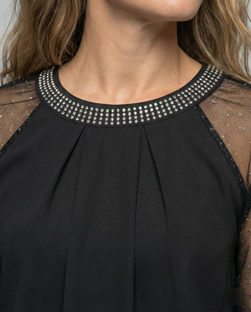 Elegante Mesh Dames Top - Transparante Mouwen en Glanzende Accenten