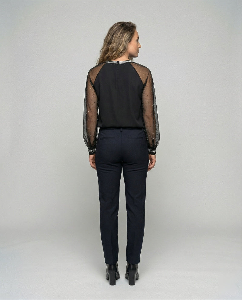 Elegante Mesh Dames Top - Transparante Mouwen en Glanzende Accenten