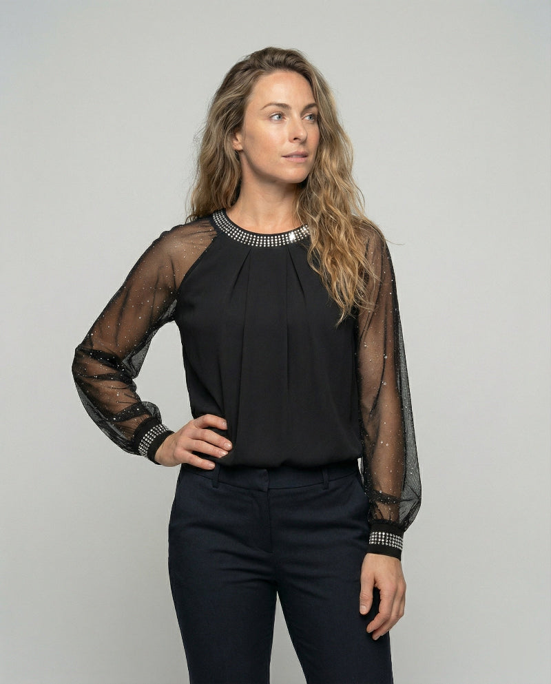 Elegante Mesh Dames Top - Transparante Mouwen en Glanzende Accenten