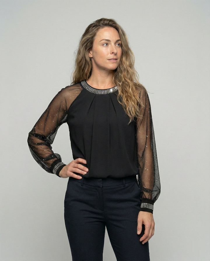 Elegante Mesh Dames Top - Transparante Mouwen en Glanzende Accenten