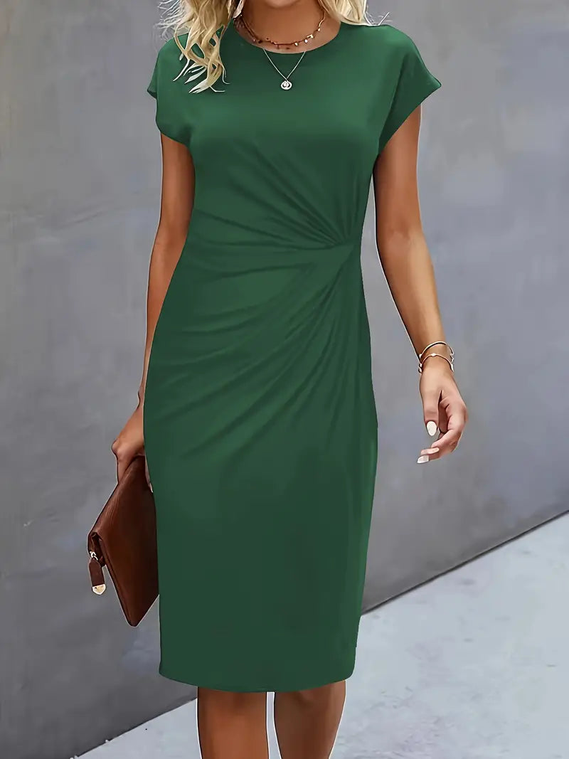 Elegante Midi Jurk met Gedrapeerd Detail en Korte Mouwen