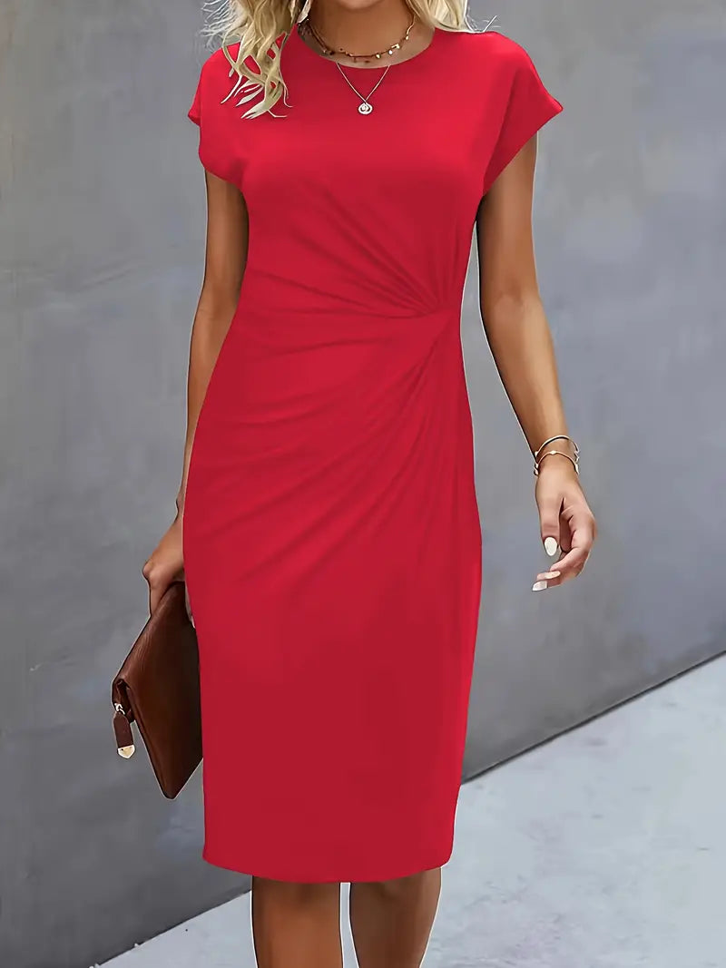 Elegante Midi Jurk met Gedrapeerd Detail en Korte Mouwen