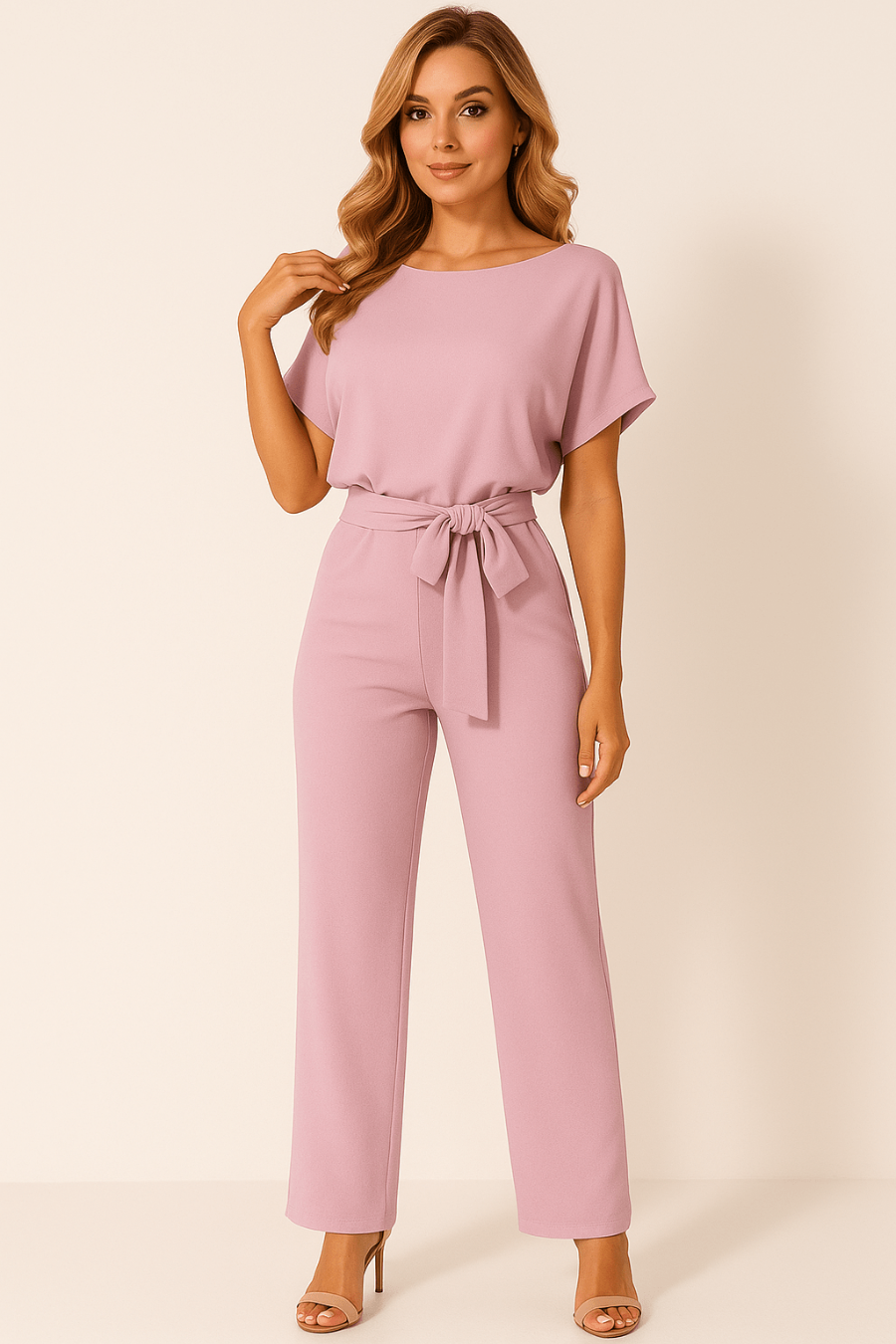 Elegante Stijlvolle Dames Jumpsuit met Korte Mouwen en Ceintuur