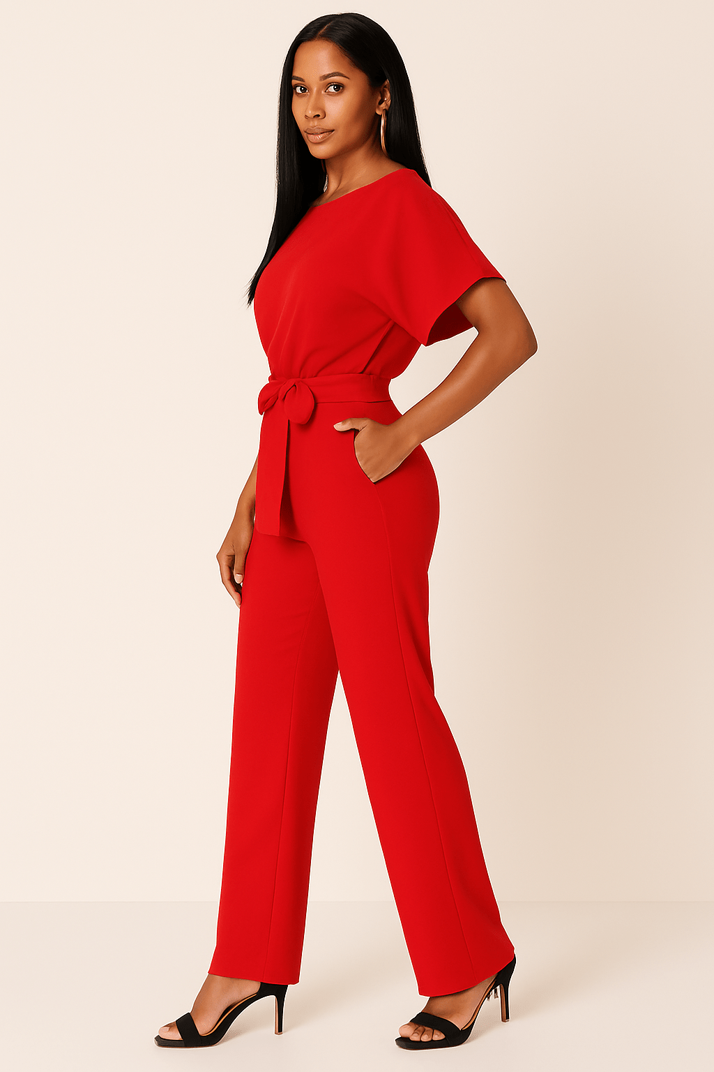 Elegante Stijlvolle Dames Jumpsuit met Korte Mouwen en Ceintuur