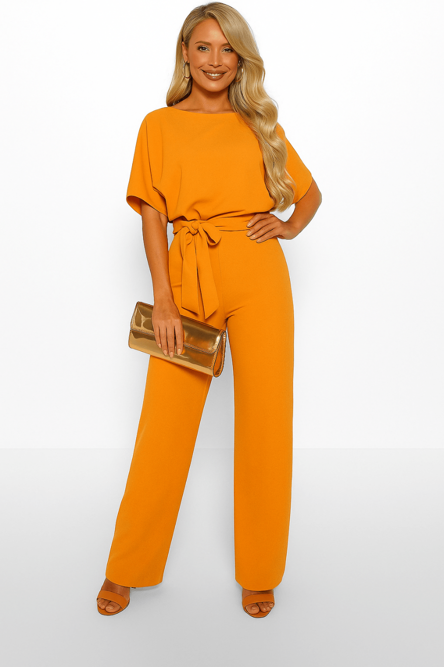 Elegante Stijlvolle Dames Jumpsuit met Korte Mouwen en Ceintuur
