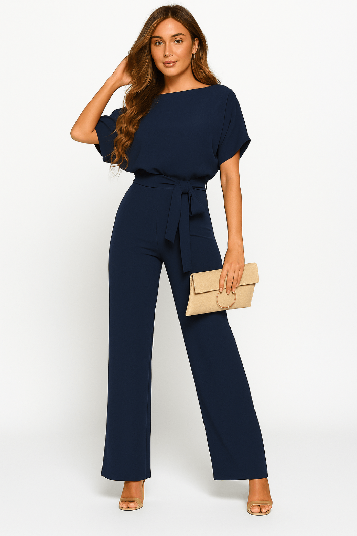 Elegante Stijlvolle Dames Jumpsuit met Korte Mouwen en Ceintuur