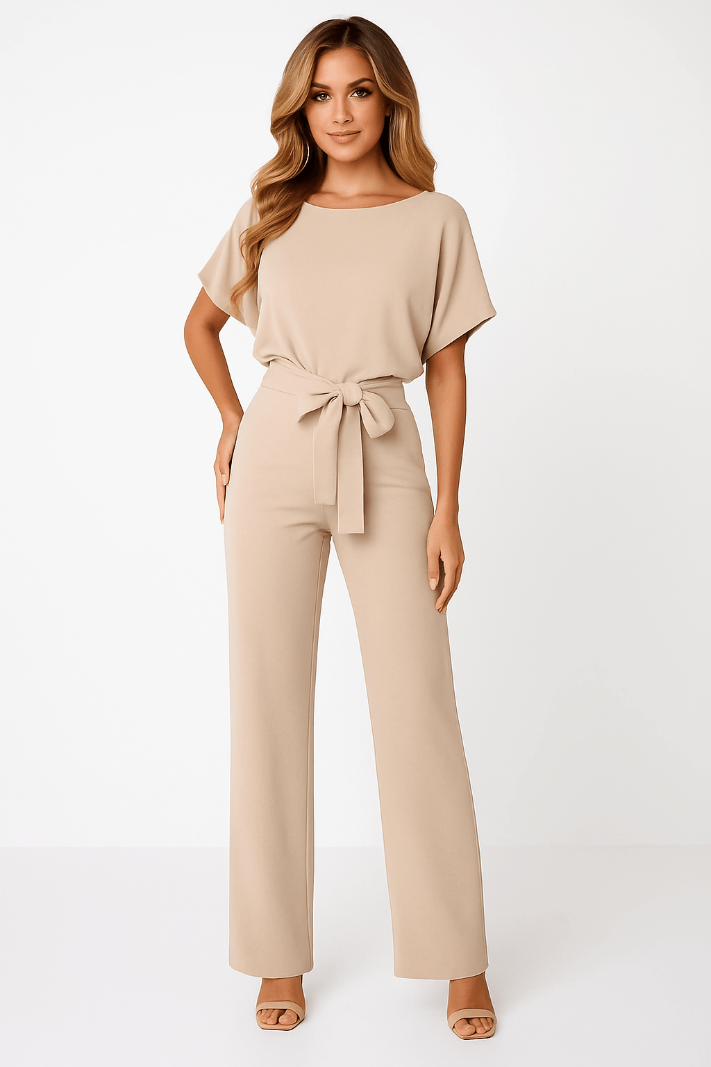 Elegante Stijlvolle Dames Jumpsuit met Korte Mouwen en Ceintuur