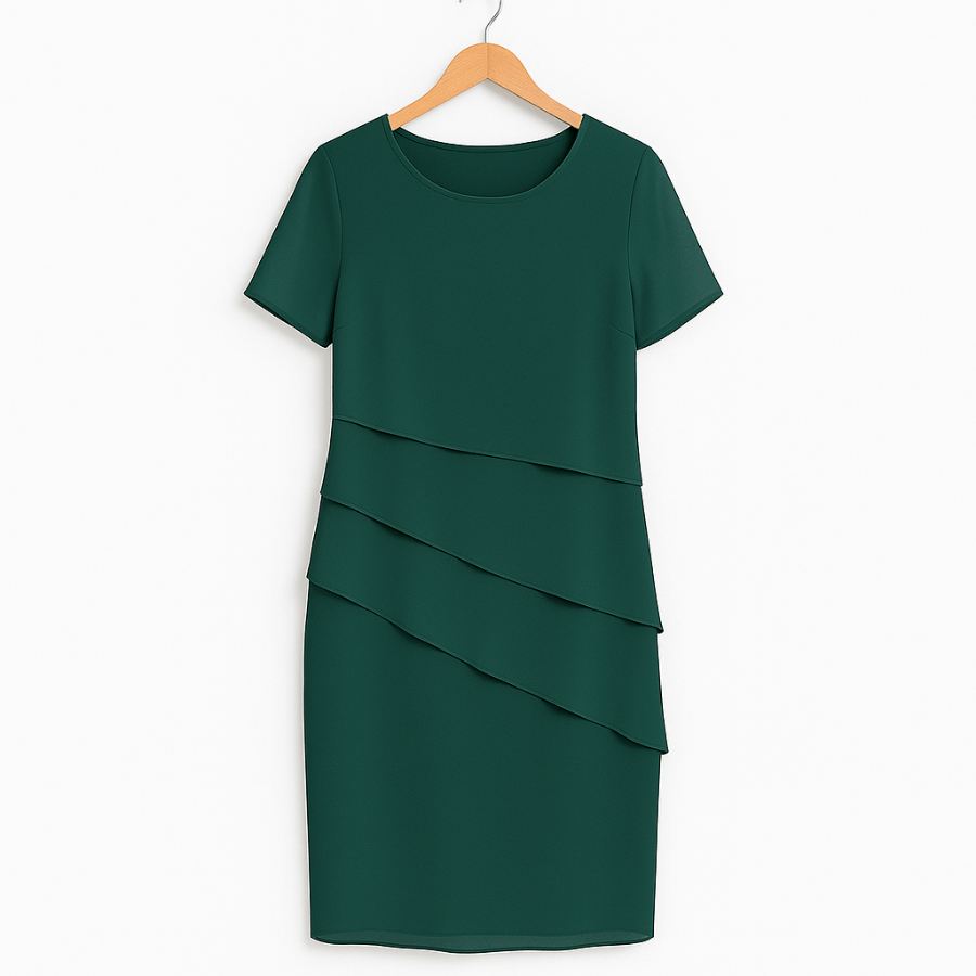 Elegante midi jurk met gelaagde details en korte mouwen