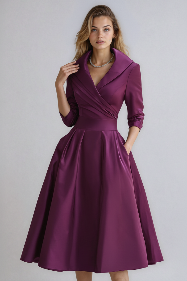 Elegante midi-jurk met overslag en uitlopende rok