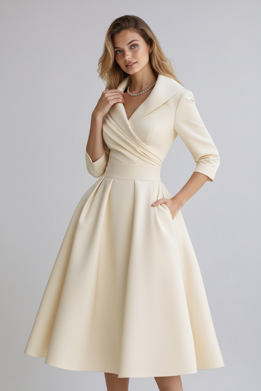 Elegante midi-jurk met overslag en uitlopende rok