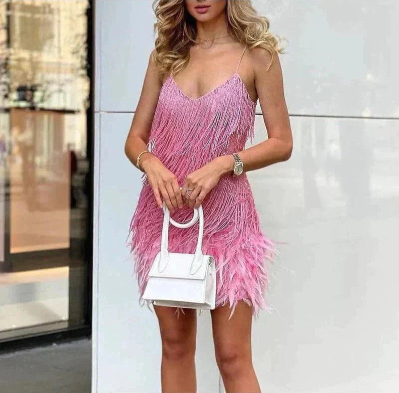 Feestjurk met pailletten en verenzoom - Elegante Mini Dress