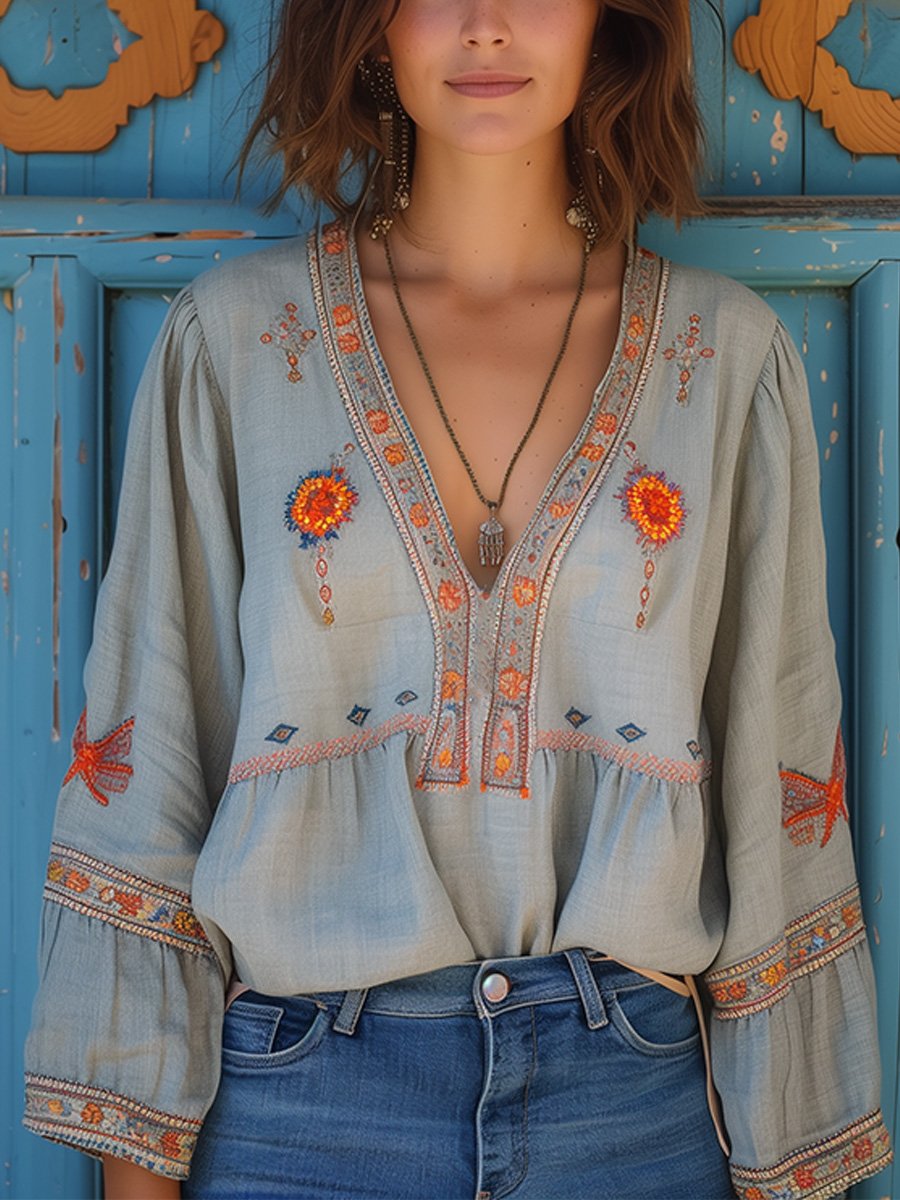 Geborduurde Damesblouse met V-Hals - Bohemian met Lange Mouwen