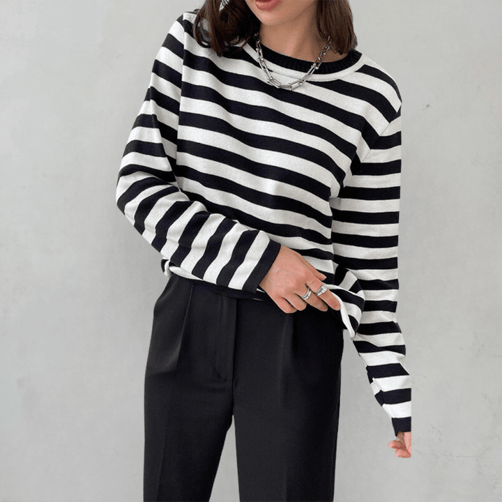 Gestreepte Dames Top met Lange Mouwen en Ronde Hals