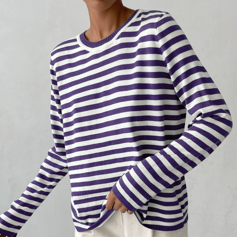 Gestreepte Dames Top met Lange Mouwen en Ronde Hals