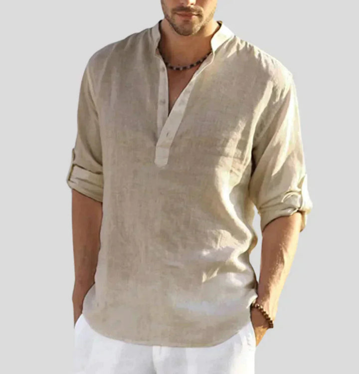 Heren Henley Shirt – Lange Mouwen met Bandkraag, Relaxte Pasvorm