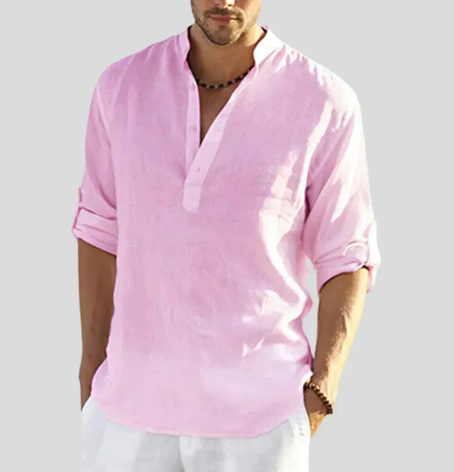 Heren Henley Shirt – Lange Mouwen met Bandkraag, Relaxte Pasvorm