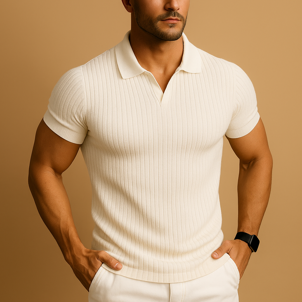 Heren Geribbeld Poloshirt - Top met Korte Mouwen en Open Kraag