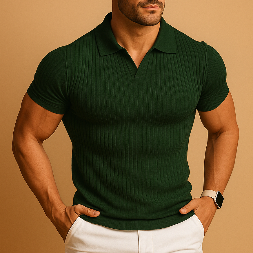 Heren Geribbeld Poloshirt - Top met Korte Mouwen en Open Kraag