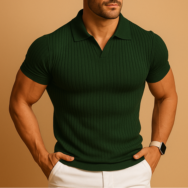 Heren Geribbeld Poloshirt - Top met Korte Mouwen en Open Kraag