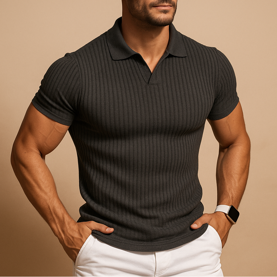 Heren Geribbeld Poloshirt - Top met Korte Mouwen en Open Kraag