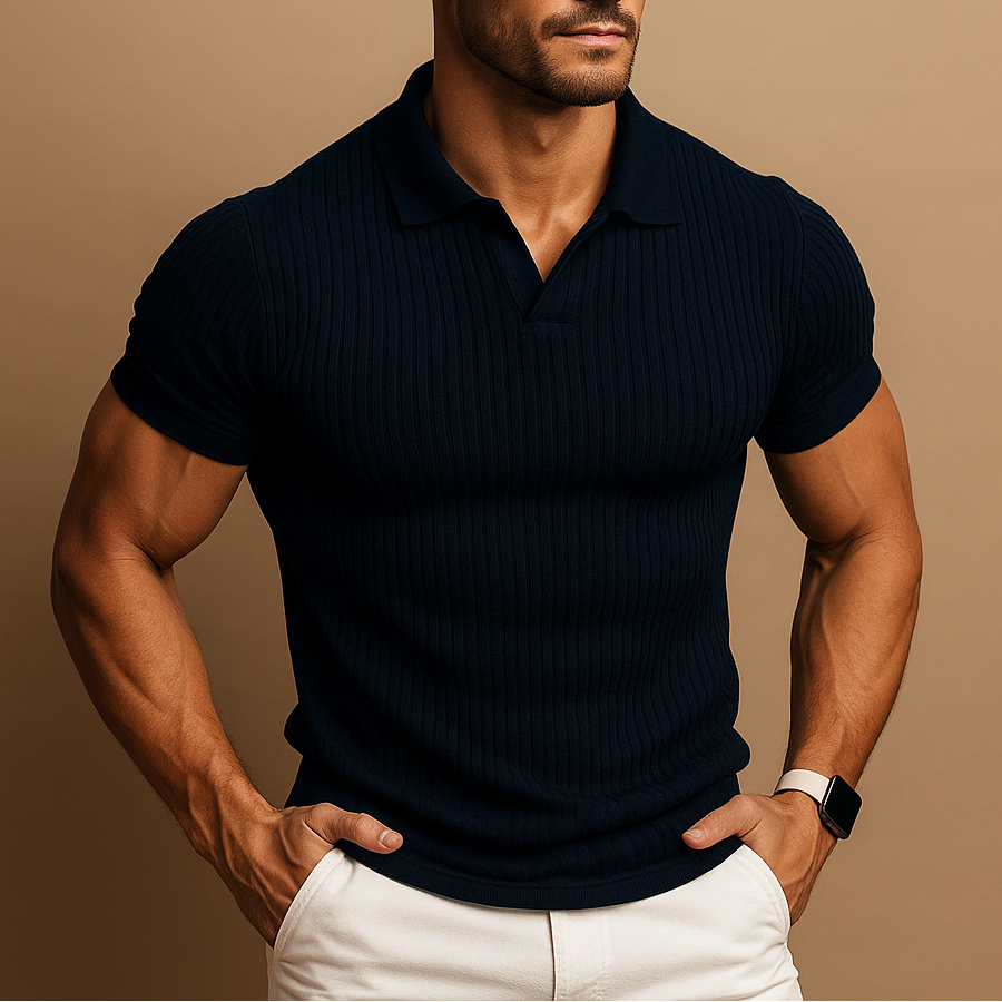 Heren Geribbeld Poloshirt - Top met Korte Mouwen en Open Kraag