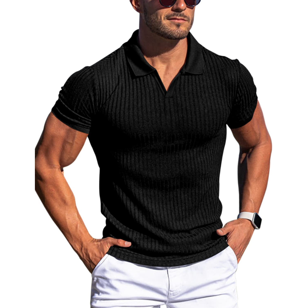 Heren Geribd Poloshirt - Johnnykraag met Korte Mouwen