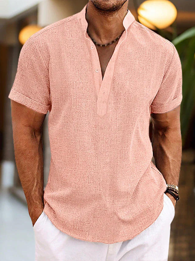 Heren Henley Shirt met Korte Mouwen - Opstaande Kraag en Stof met Textuur