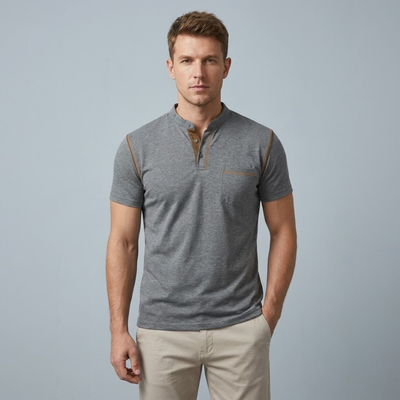 Heren Henley T-shirt - Korte Mouwen en Borstzak