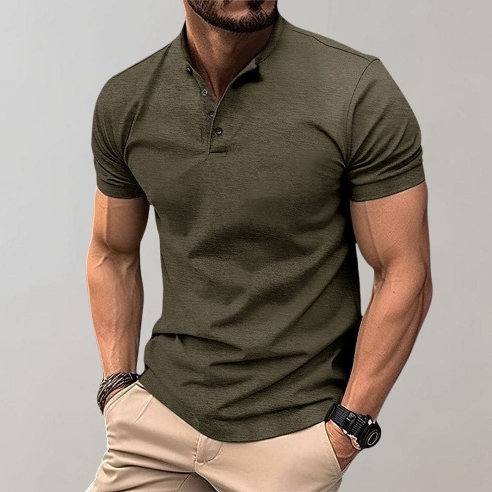 Heren Henley T-shirt met Korte Mouwen - Opstaande Kraag met Knoopsluiting