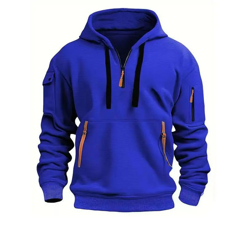 Heren Hoodie met Kwart Rits - Fleece Pullover Sweatshirt met Meerdere Zakken