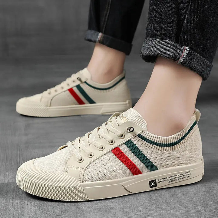 Heren Lage Sneakers - Gestreepte Veterschoenen met Sokachtige Kraag
