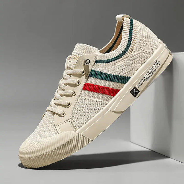 Heren Lage Sneakers - Gestreepte Veterschoenen met Sokachtige Kraag