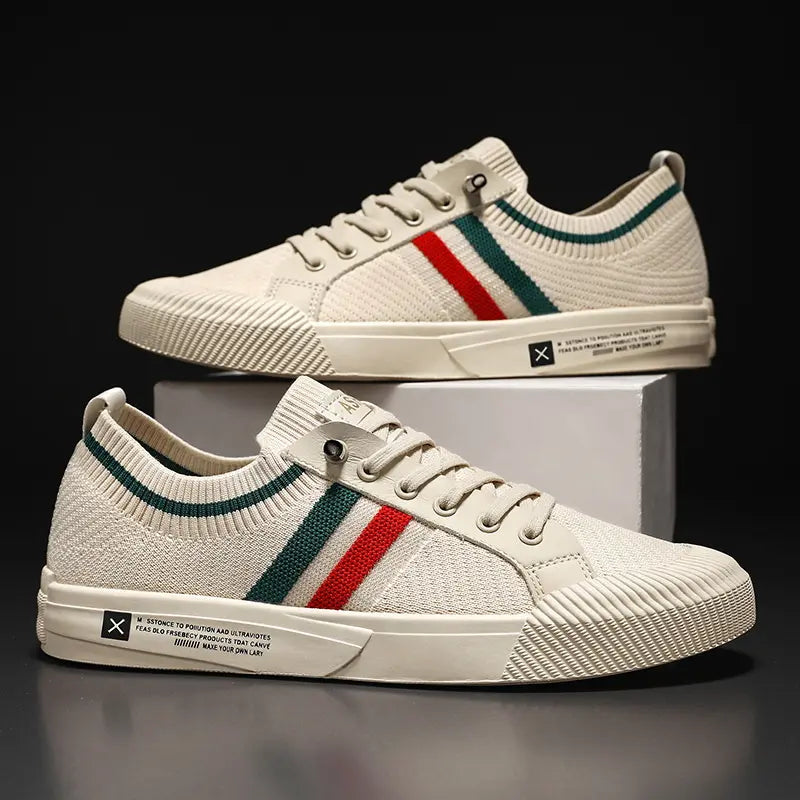 Heren Lage Sneakers - Gestreepte Veterschoenen met Sokachtige Kraag