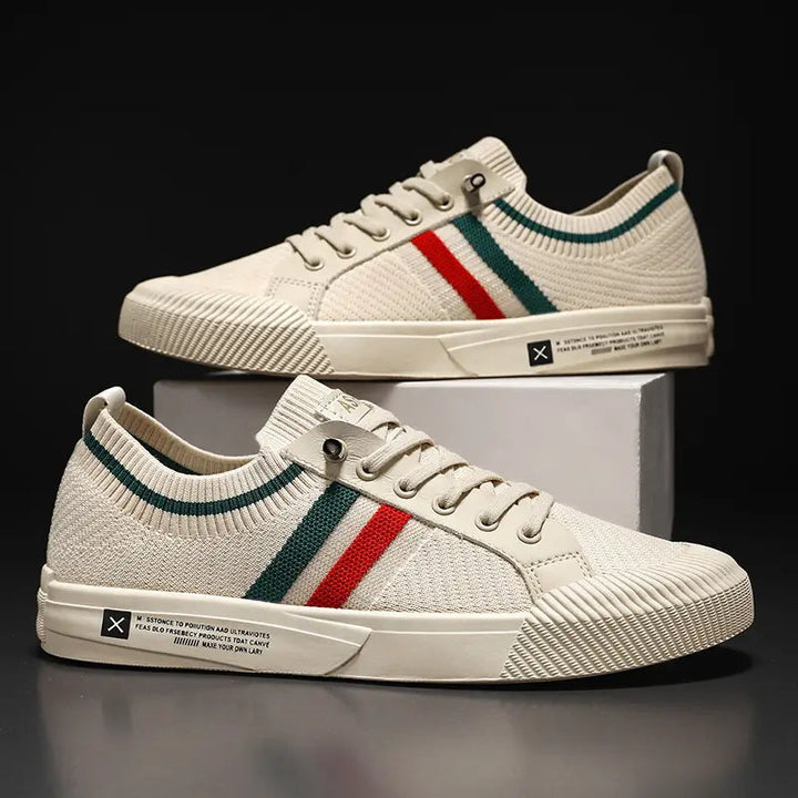Heren Lage Sneakers - Gestreepte Veterschoenen met Sokachtige Kraag