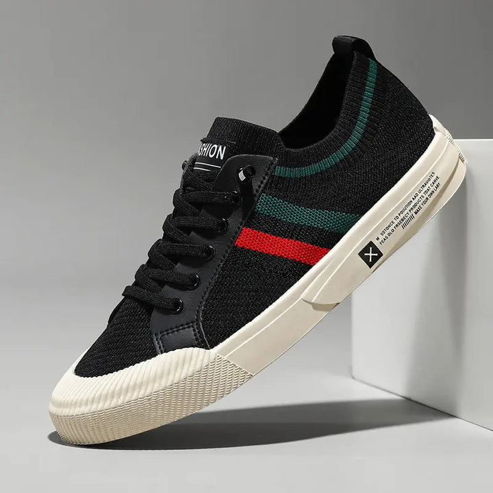 Heren Lage Sneakers - Gestreepte Veterschoenen met Sokachtige Kraag