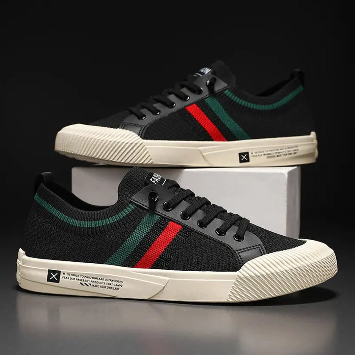 Heren Lage Sneakers - Gestreepte Veterschoenen met Sokachtige Kraag