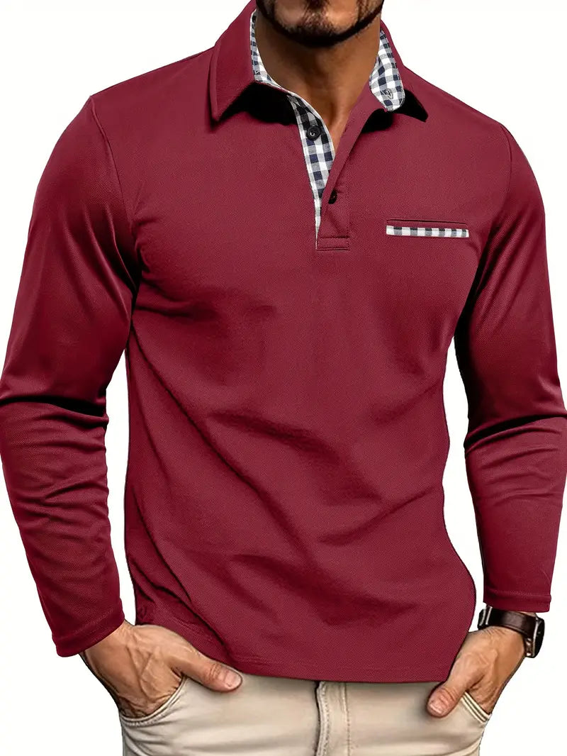 Heren Poloshirt met Lange Mouwen - Contrasterende Kraag met Ruitpatroon
