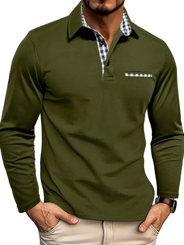 Heren Poloshirt met Lange Mouwen - Contrasterende Kraag met Ruitpatroon