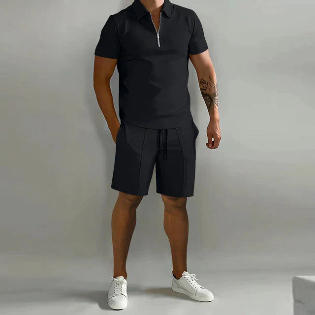 Heren Tweedelige Set - Poloshirt met Kwart-Ritssluiting en Shorts met Trekkoord
