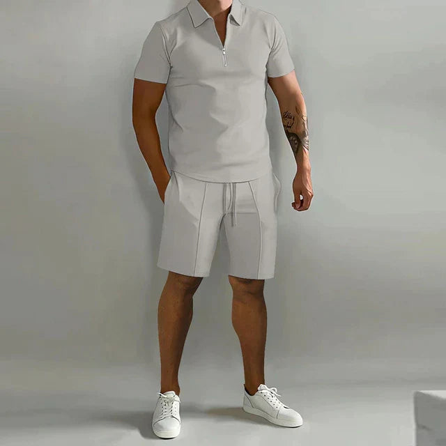 Heren Tweedelige Set - Poloshirt met Kwart-Ritssluiting en Shorts met Trekkoord