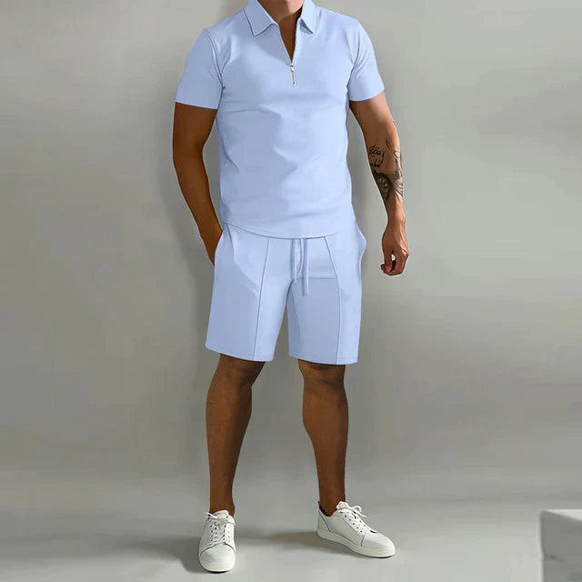 Heren Tweedelige Set - Poloshirt met Kwart-Ritssluiting en Shorts met Trekkoord
