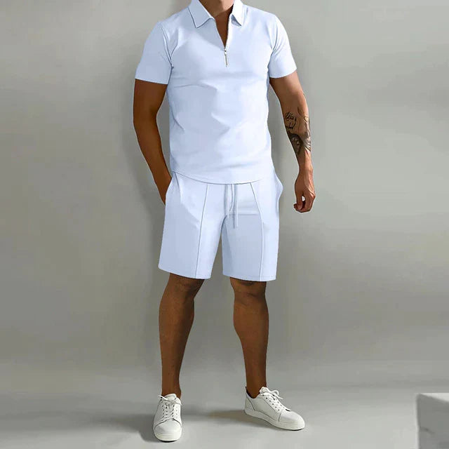 Heren Tweedelige Set - Poloshirt met Kwart-Ritssluiting en Shorts met Trekkoord