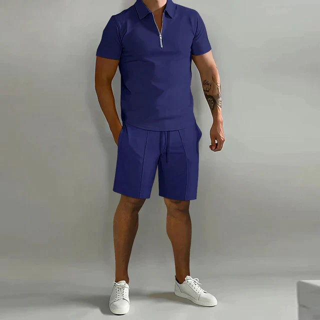 Heren Tweedelige Set - Poloshirt met Kwart-Ritssluiting en Shorts met Trekkoord