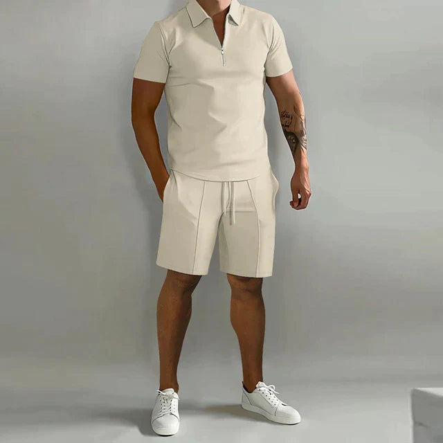 Heren Tweedelige Set - Poloshirt met Kwart-Ritssluiting en Shorts met Trekkoord