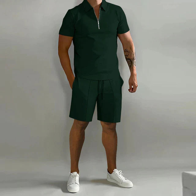 Heren Tweedelige Set - Poloshirt met Kwart-Ritssluiting en Shorts met Trekkoord