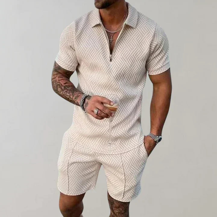 Heren Tweedelige Set - Poloshirt met Ritssluiting en Shorts met Textuur