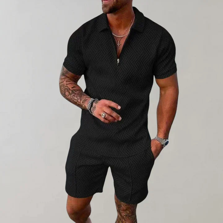 Heren Tweedelige Set - Poloshirt met Ritssluiting en Shorts met Textuur