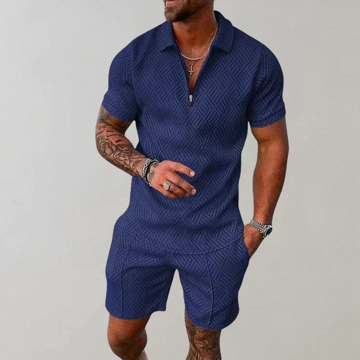 Heren Tweedelige Set - Poloshirt met Ritssluiting en Shorts met Textuur
