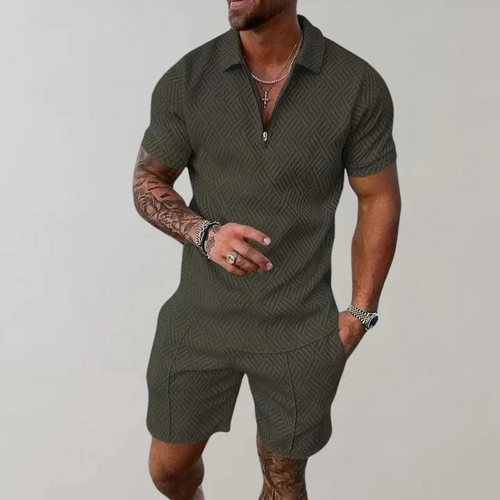Heren Tweedelige Set - Poloshirt met Ritssluiting en Shorts met Textuur